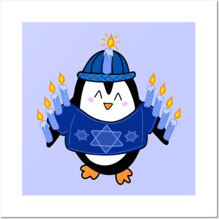 Cute Hanukkah Penguin Dressed as a Menorah on a Periwinkle Backdrop, made by EndlessEmporium Posters and Art